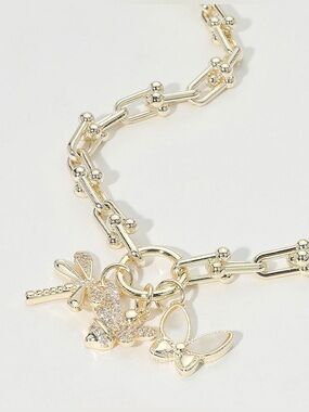 14K Gold Plated CZ Dragonfly Bee Mother of Pearl Butterfly Industrial Necklace